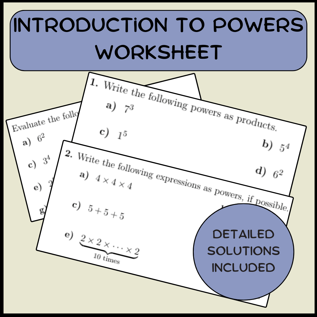 Introduction to powers worksheet (with solutions)