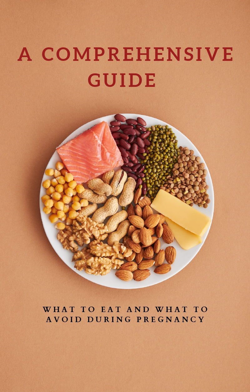 A round white plate filled with various foods, including salmon, beans, lentils, corn, nuts, almonds, cheese, and seeds, arranged aesthetically. The background is a warm brown color