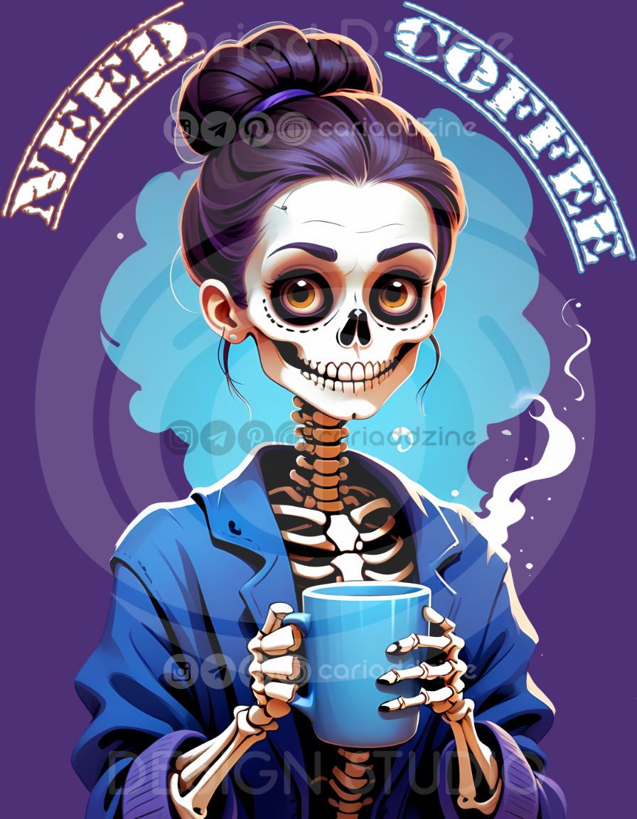 skeleton woman, coffee design, Day of the Dead, whimsical art, Halloween decor, sugar skull, cute skeleton, coffee mug art, colorful illustration, spooky merchandise