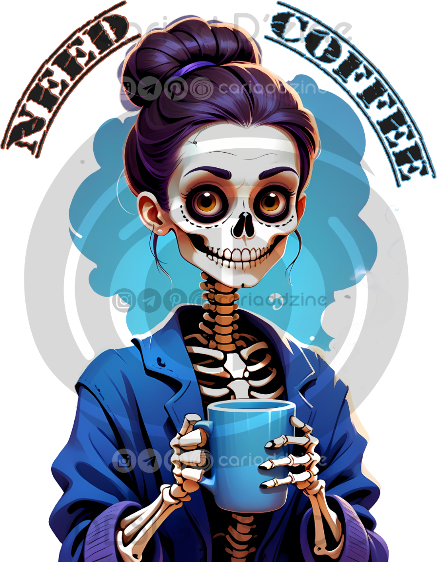 skeleton woman, coffee design, Day of the Dead, whimsical art, Halloween decor, sugar skull, cute skeleton, coffee mug art, colorful illustration, spooky merchandise