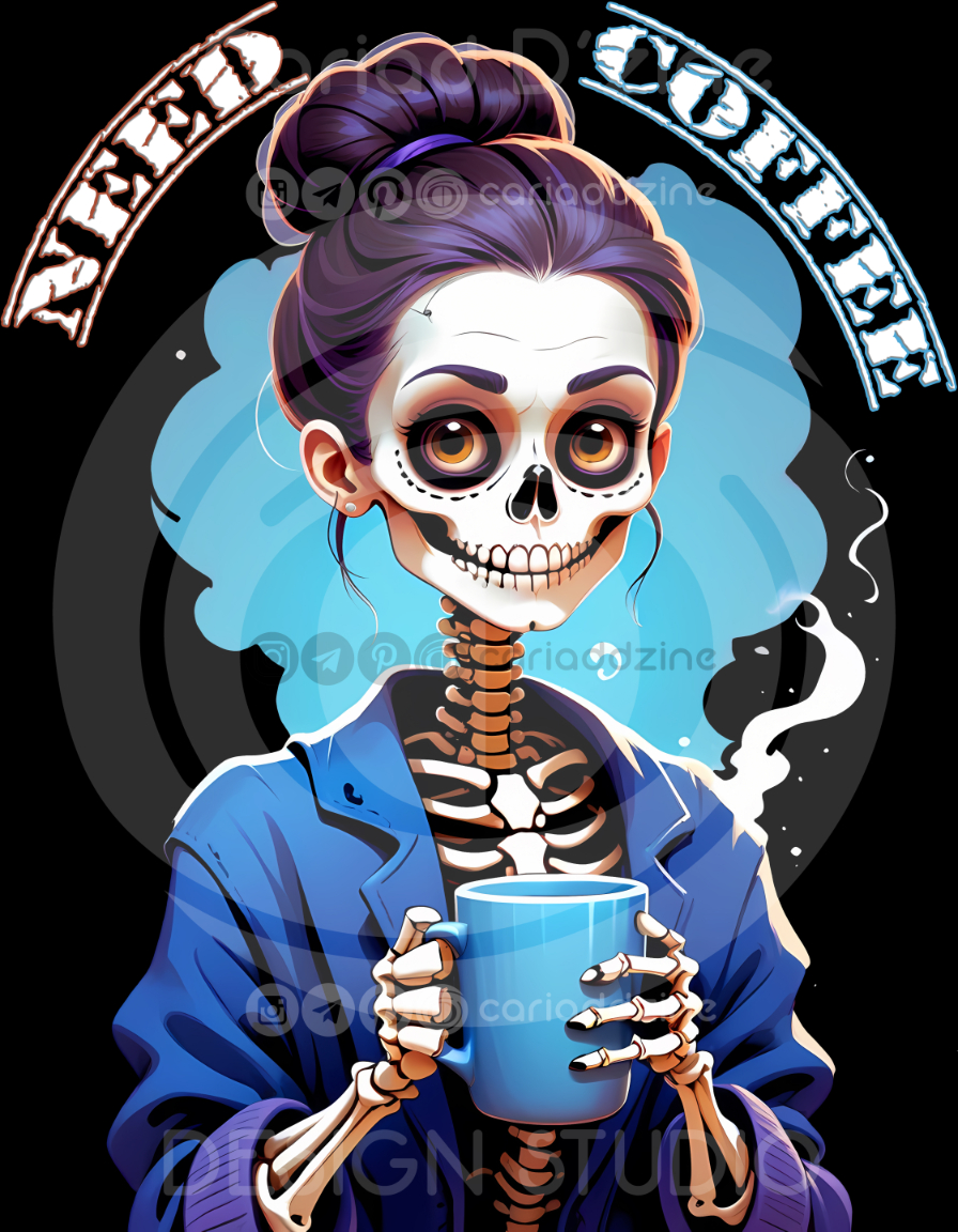 skeleton woman, coffee design, Day of the Dead, whimsical art, Halloween decor, sugar skull, cute skeleton, coffee mug art, colorful illustration, spooky merchandise