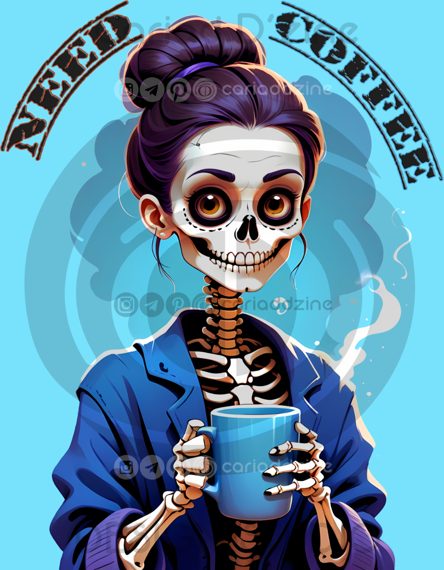 skeleton woman, coffee design, Day of the Dead, whimsical art, Halloween decor, sugar skull, cute skeleton, coffee mug art, colorful illustration, spooky merchandise