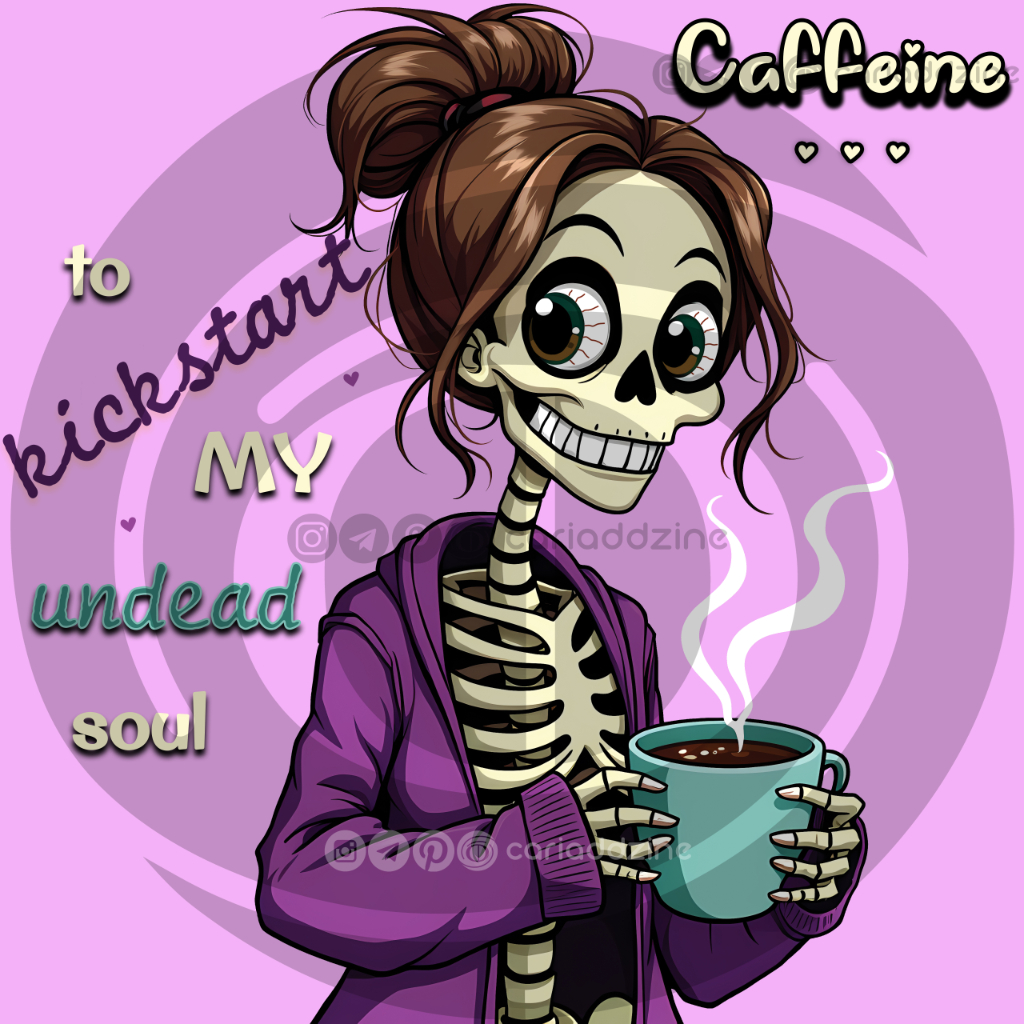 cartoon skeleton, caffeine illustration, humorous art, coffee lover design, spooky art, whimsical artwork, skeleton coffee mug, digital download art, quirky wall decor, playful skeleton