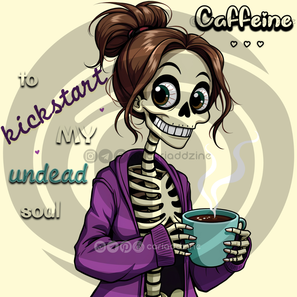 cartoon skeleton, caffeine illustration, humorous art, coffee lover design, spooky art, whimsical artwork, skeleton coffee mug, digital download art, quirky wall decor, playful skeleton