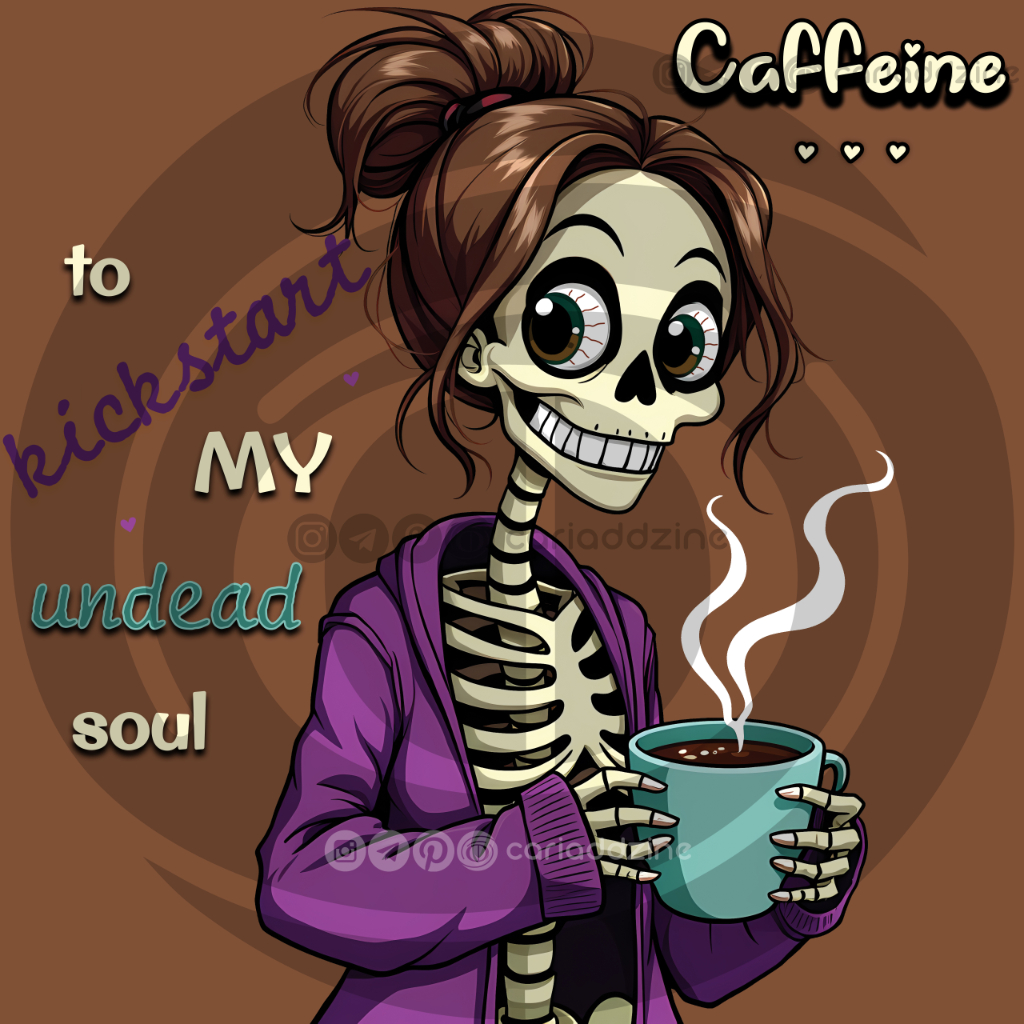 cartoon skeleton, caffeine illustration, humorous art, coffee lover design, spooky art, whimsical artwork, skeleton coffee mug, digital download art, quirky wall decor, playful skeleton