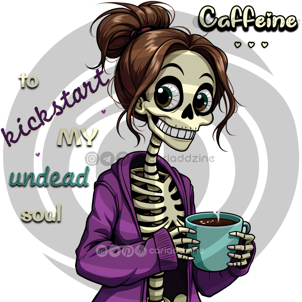 cartoon skeleton, caffeine illustration, humorous art, coffee lover design, spooky art, whimsical artwork, skeleton coffee mug, digital download art, quirky wall decor, playful skeleton