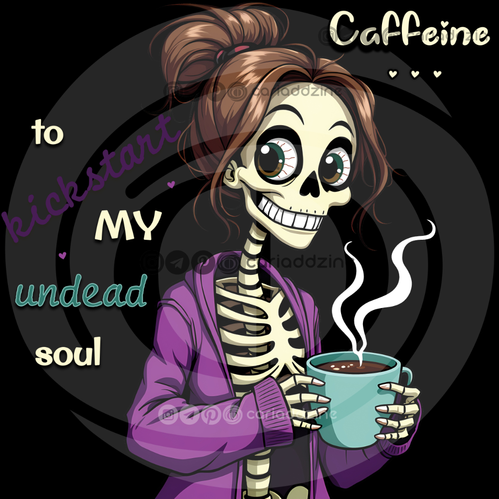 cartoon skeleton, caffeine illustration, humorous art, coffee lover design, spooky art, whimsical artwork, skeleton coffee mug, digital download art, quirky wall decor, playful skeleton