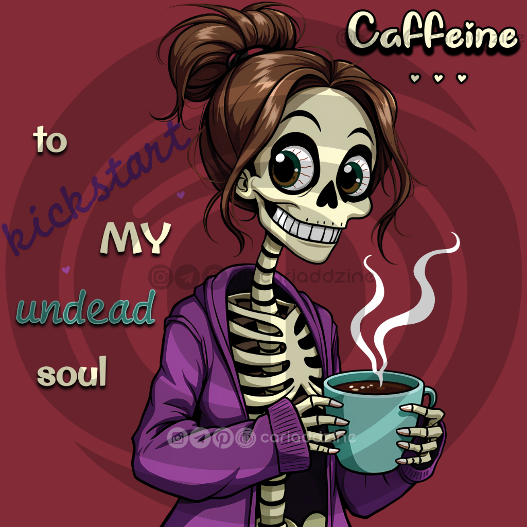 cartoon skeleton, caffeine illustration, humorous art, coffee lover design, spooky art, whimsical artwork, skeleton coffee mug, digital download art, quirky wall decor, playful skeleton