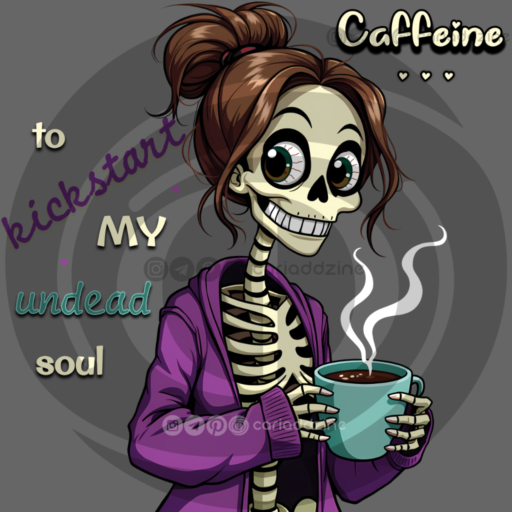 cartoon skeleton, caffeine illustration, humorous art, coffee lover design, spooky art, whimsical artwork, skeleton coffee mug, digital download art, quirky wall decor, playful skeleton
