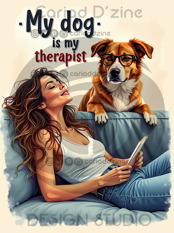 dog lover art, pet therapy illustration, cozy home decor, human-dog bond, relaxing artwork, digital download print, whimsical pet art, notebook and dog, contentment art, Cariad Dzine design