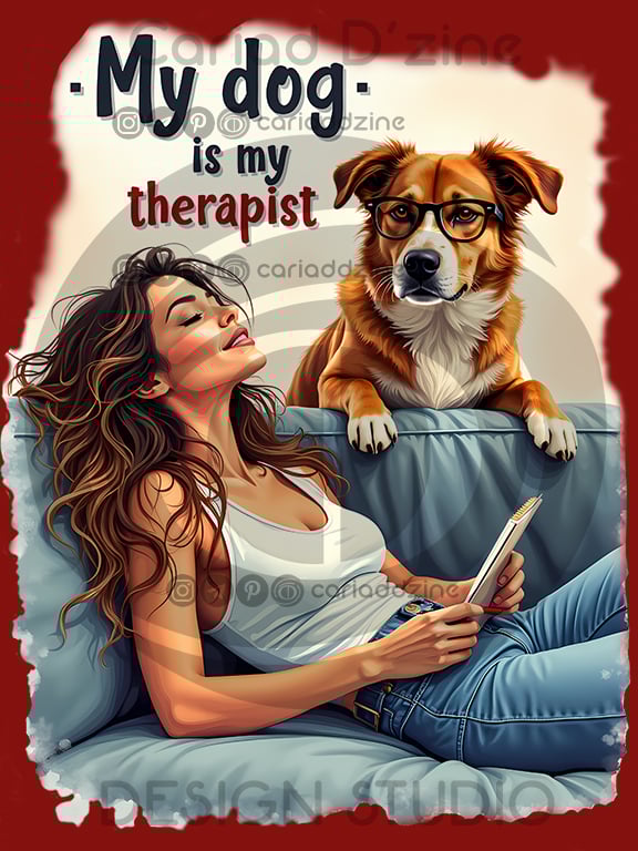 dog lover art, pet therapy illustration, cozy home decor, human-dog bond, relaxing artwork, digital download print, whimsical pet art, notebook and dog, contentment art, Cariad Dzine design
