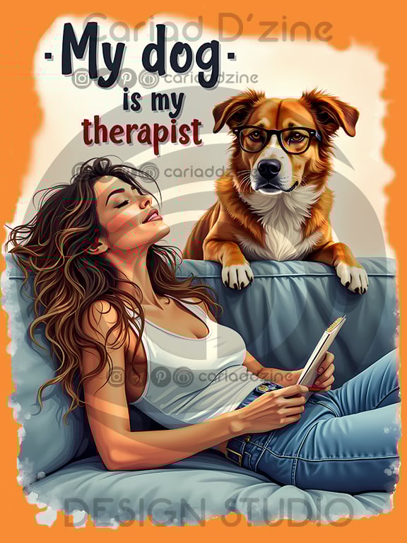 dog lover art, pet therapy illustration, cozy home decor, human-dog bond, relaxing artwork, digital download print, whimsical pet art, notebook and dog, contentment art, Cariad Dzine design