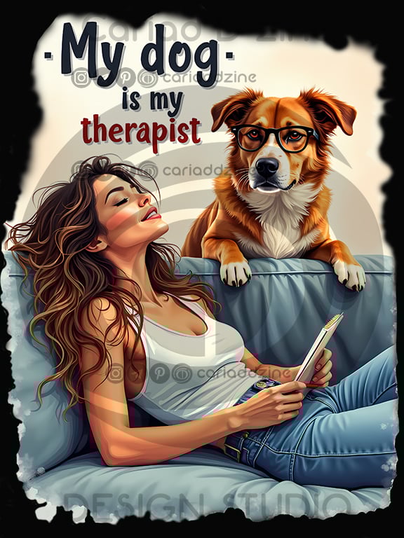 dog lover art, pet therapy illustration, cozy home decor, human-dog bond, relaxing artwork, digital download print, whimsical pet art, notebook and dog, contentment art, Cariad Dzine design