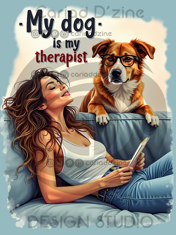 dog lover art, pet therapy illustration, cozy home decor, human-dog bond, relaxing artwork, digital download print, whimsical pet art, notebook and dog, contentment art, Cariad Dzine design