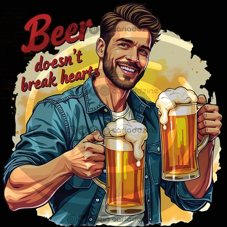 beer illustration, humorous art, festive design, cheerful artwork, Cariad Dzine design