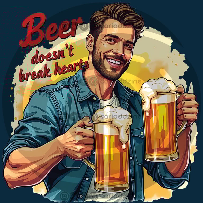 beer illustration, humorous art, festive design, cheerful artwork, Cariad Dzine design