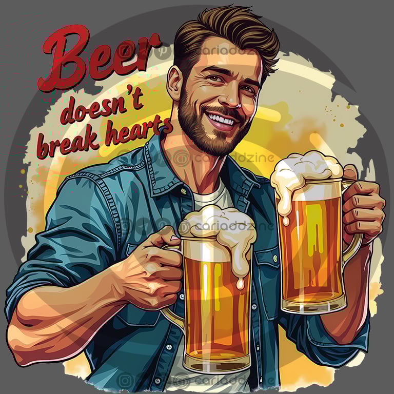 beer illustration, humorous art, festive design, cheerful artwork, Cariad Dzine design