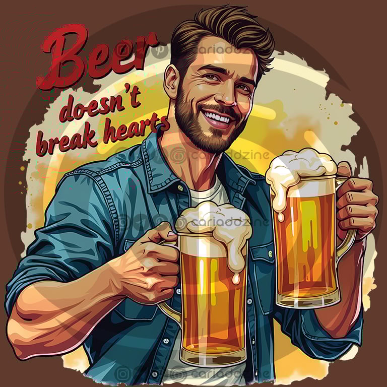 beer illustration, humorous art, festive design, cheerful artwork, Cariad Dzine design