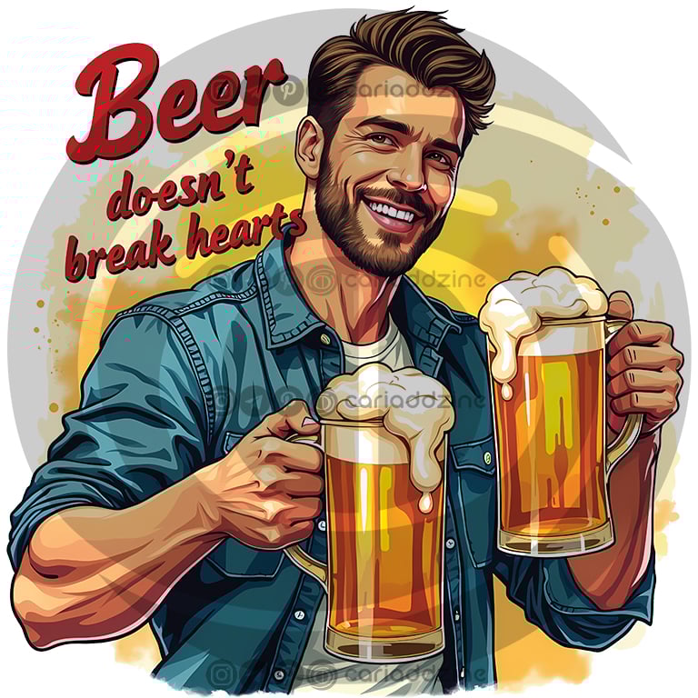 beer illustration, humorous art, festive design, cheerful artwork, Cariad Dzine design