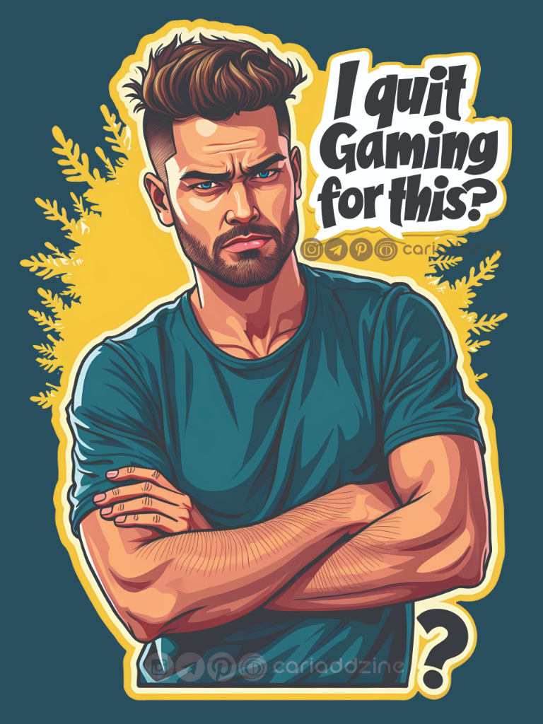 cartoon illustration, gaming meme, humorous artwork, vibrant colors, Cariad Dzine design, playful design, quit gaming