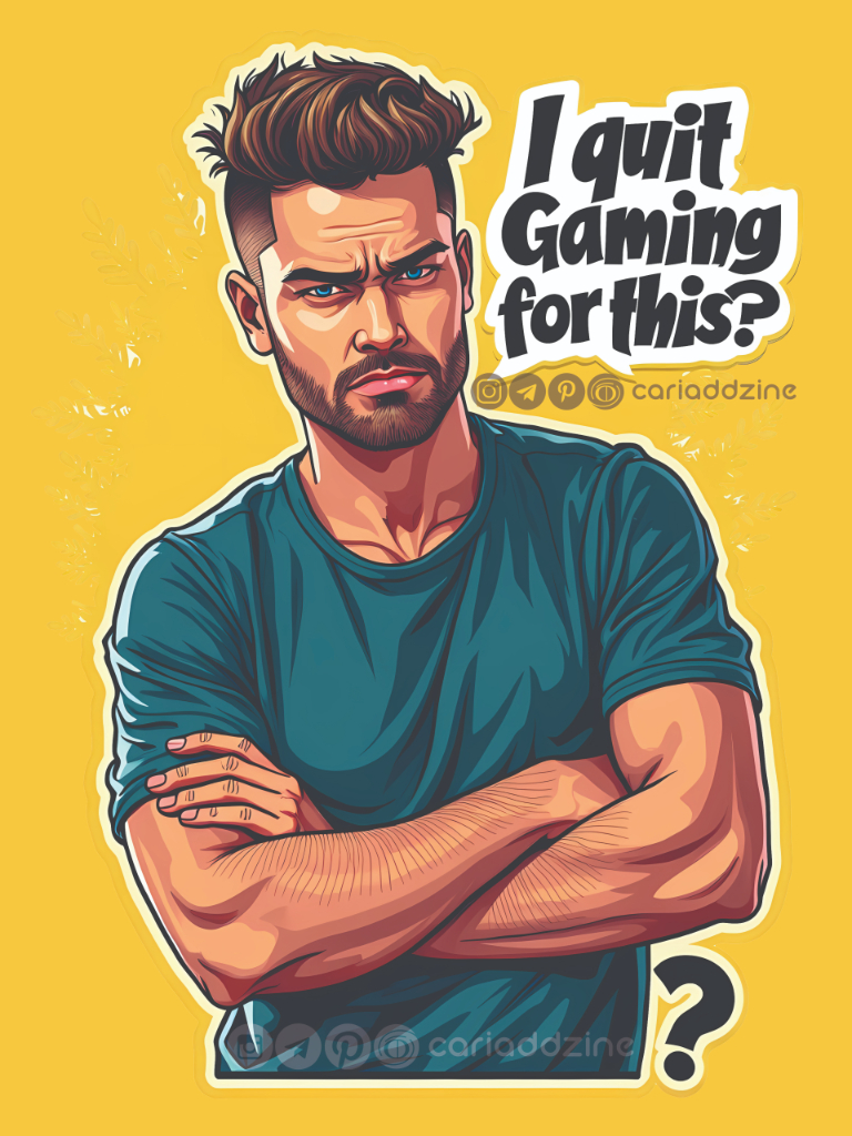 cartoon illustration, gaming meme, humorous artwork, vibrant colors, Cariad Dzine design, playful design, quit gaming