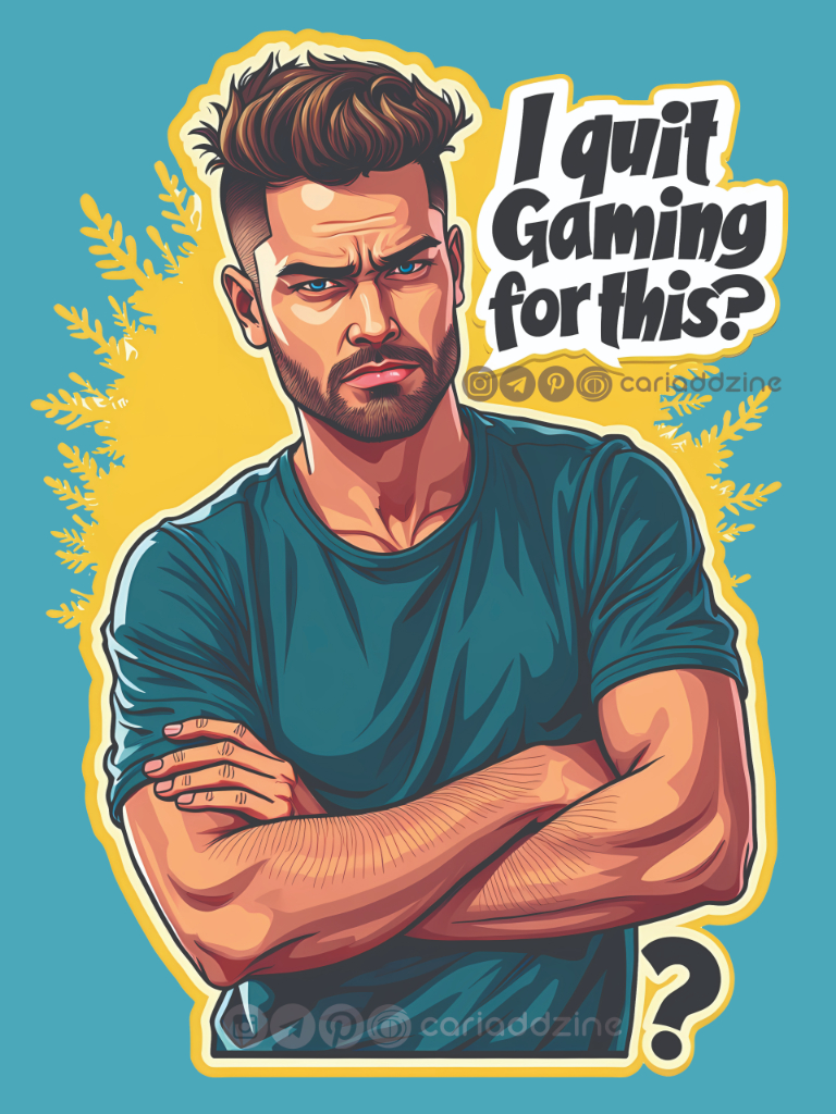 cartoon illustration, gaming meme, humorous artwork, vibrant colors, Cariad Dzine design, playful design, quit gaming