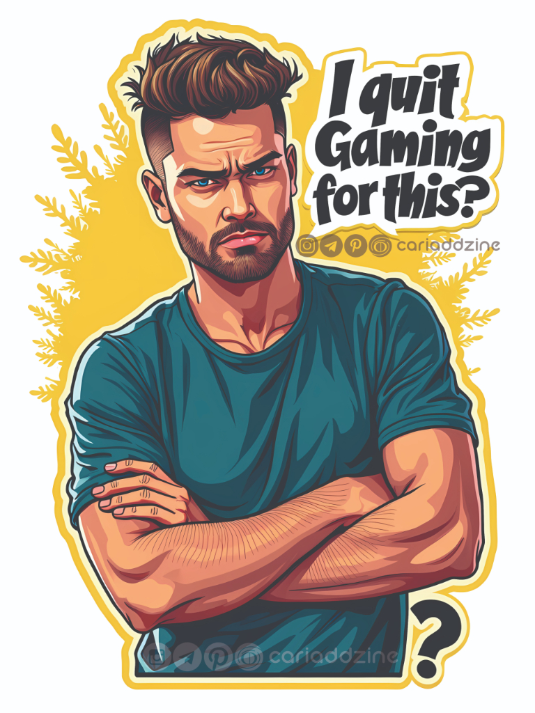 cartoon illustration, gaming meme, humorous artwork, vibrant colors, Cariad Dzine design, playful design, quit gaming