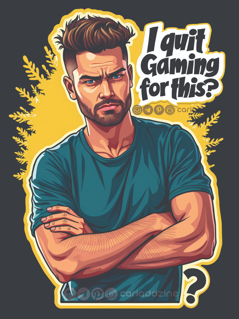cartoon illustration, gaming meme, humorous artwork, vibrant colors, Cariad Dzine design, playful design, quit gaming