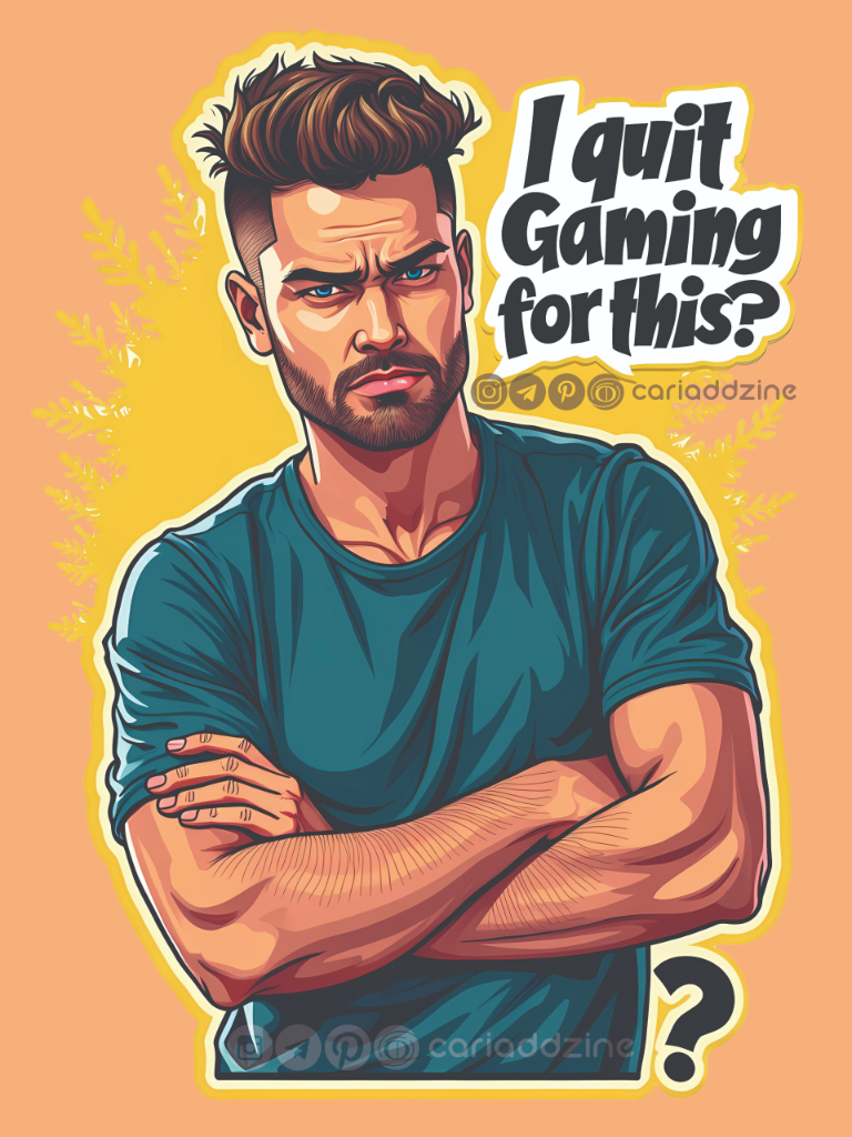 cartoon illustration, gaming meme, humorous artwork, vibrant colors, Cariad Dzine design, playful design, quit gaming