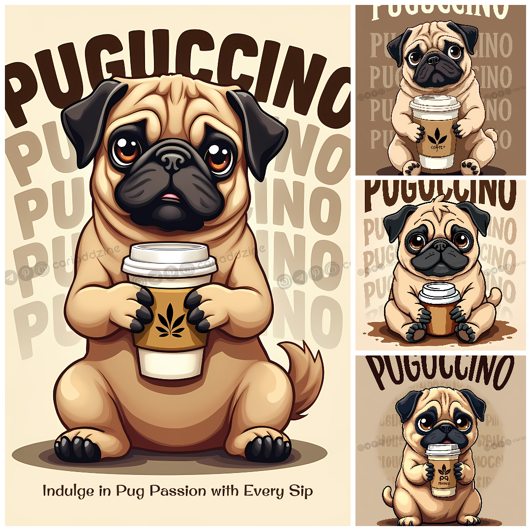 Discover the playful charm of "Puguccino," featuring an adorable pug holding a coffee cup. This whimsical design blends coffee culture with the joy of pets, inviting coffee lovers and pug enthusiasts alike to indulge in their passions.