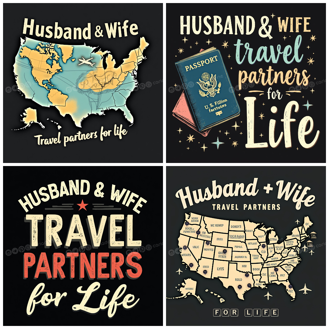 Overall, the image conveys a theme of lifelong adventure and partnership, celebrating the joy of travel and exploration with a significant other. Each element complements the idea of unity and shared experiences, whether through national or international