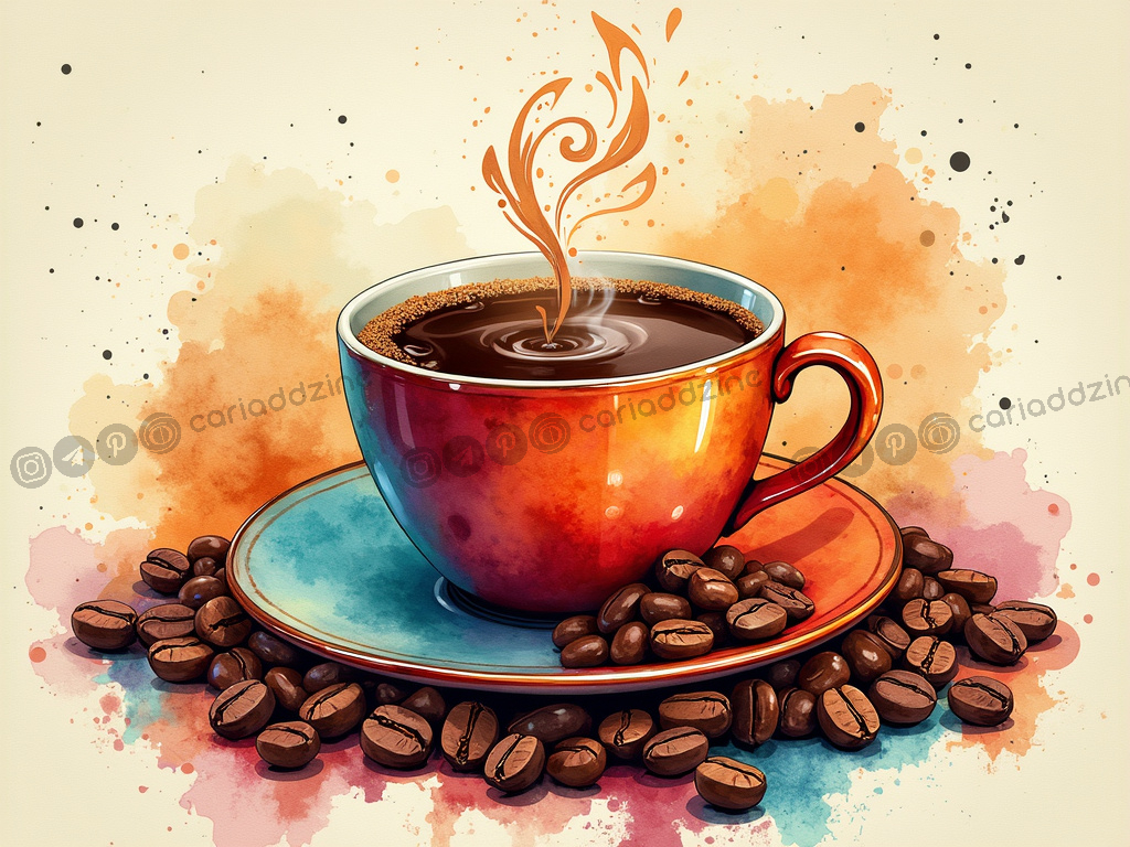 coffee art, coffee cups, colorful illustrations, beverage art, coffee culture, sensory experience, Cariad Dzine design, warm colors, artistic coffee designs