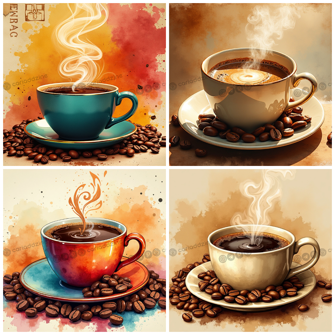 coffee art, coffee cups, colorful illustrations, beverage art, coffee culture, sensory experience, Cariad Dzine design, warm colors, artistic coffee designs