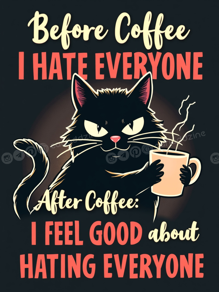 black cat, coffee humor, caffeine designs, sarcastic art, grumpy cat, coffee lovers, Cariad Dzine design