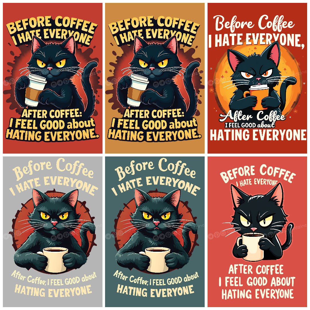 black cat, coffee humor, caffeine designs, sarcastic art, grumpy cat, coffee lovers, Cariad Dzine design