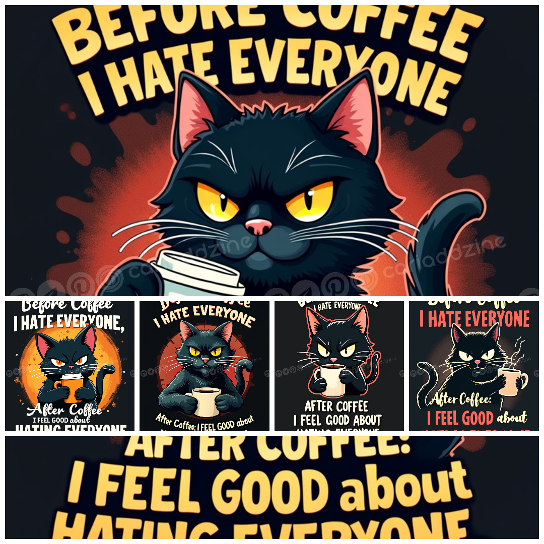 black cat, coffee humor, caffeine designs, sarcastic art, grumpy cat, coffee lovers, Cariad Dzine design