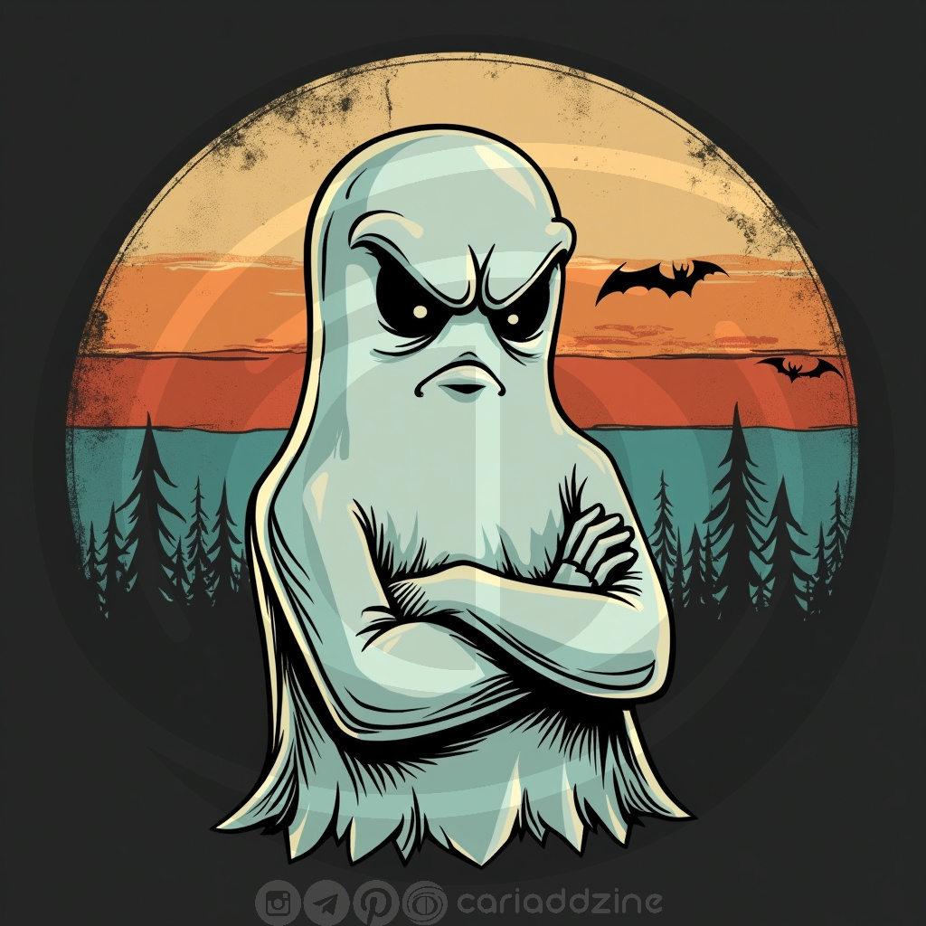 cartoon ghosts, Halloween art, spooky designs, humorous illustrations, ghost graphics, Cariad Dzine design, playful art, sunset backgrounds, whimsical decor, holiday artwork