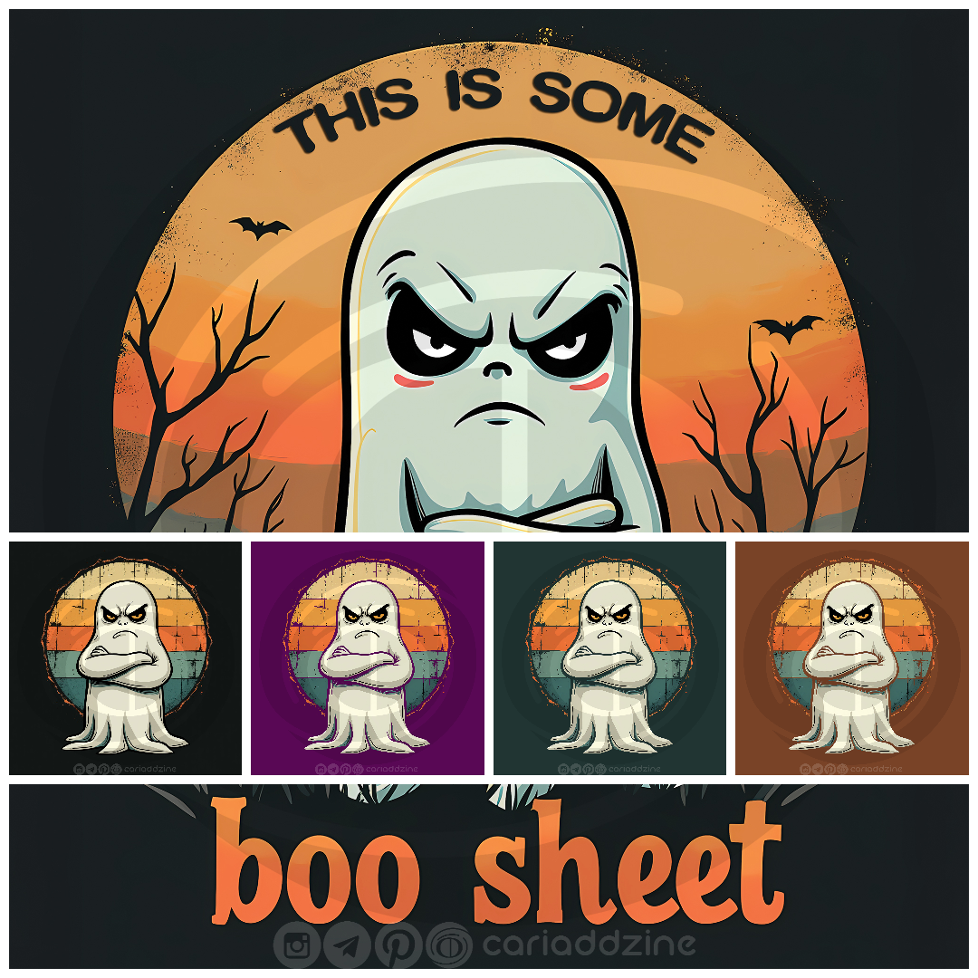 cartoon ghosts, Halloween art, spooky designs, humorous illustrations, ghost graphics, Cariad Dzine design, playful art, sunset backgrounds, whimsical decor, holiday artwork