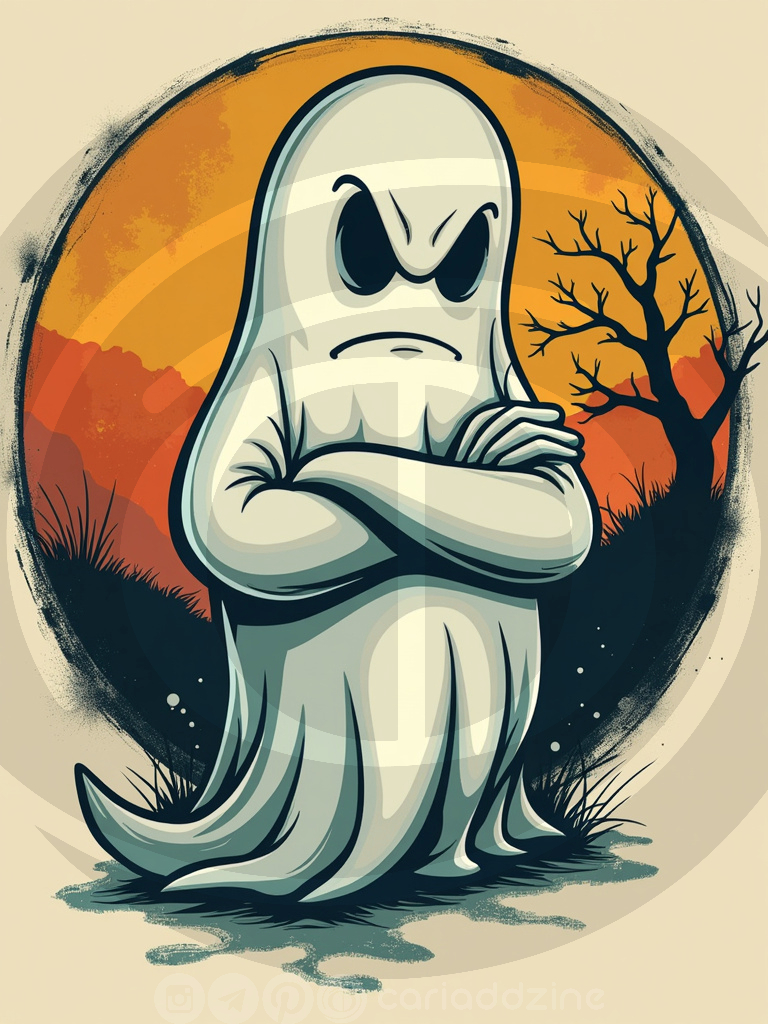 cartoon ghosts, Halloween art, spooky designs, humorous illustrations, ghost graphics, Cariad Dzine design, playful art, sunset backgrounds, whimsical decor, holiday artwork