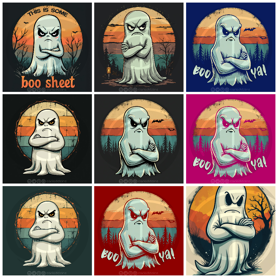 cartoon ghosts, Halloween art, spooky designs, humorous illustrations, ghost graphics, Cariad Dzine design, playful art, sunset backgrounds, whimsical decor, holiday artwork