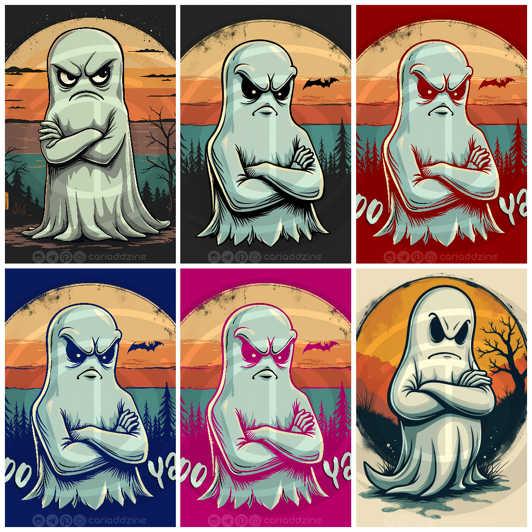 cartoon ghosts, Halloween art, spooky designs, humorous illustrations, ghost graphics, Cariad Dzine design, playful art, sunset backgrounds, whimsical decor, holiday artwork