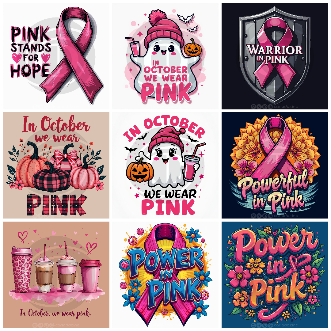 breast cancer awareness, October pink, pink ribbon designs, Halloween awareness, survivor art, Cariad Dzine design, empowerment graphics, support community, hope and resilience, humorous advocacy