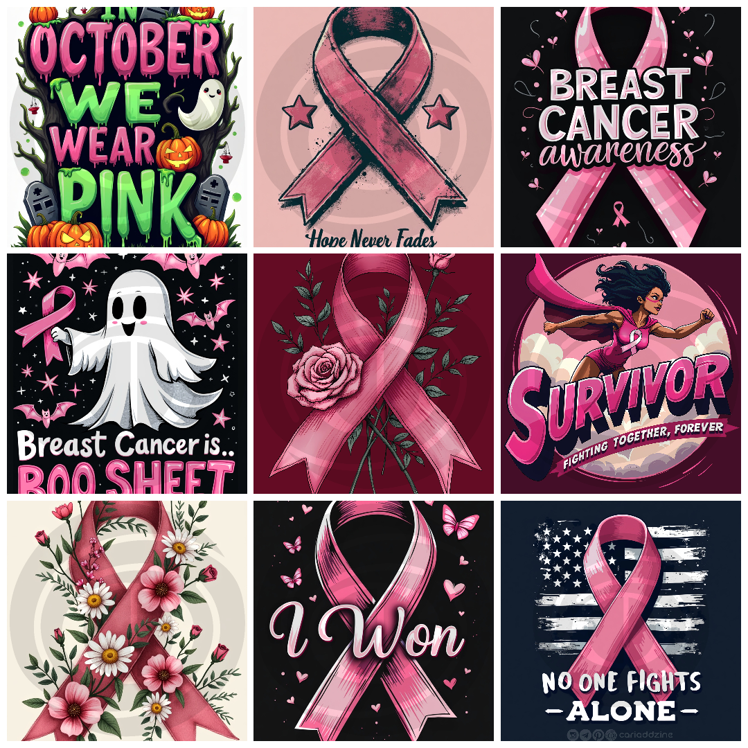 breast cancer awareness, October pink, pink ribbon designs, Halloween awareness, survivor art, Cariad Dzine design, empowerment graphics, support community, hope and resilience, humorous advocacy