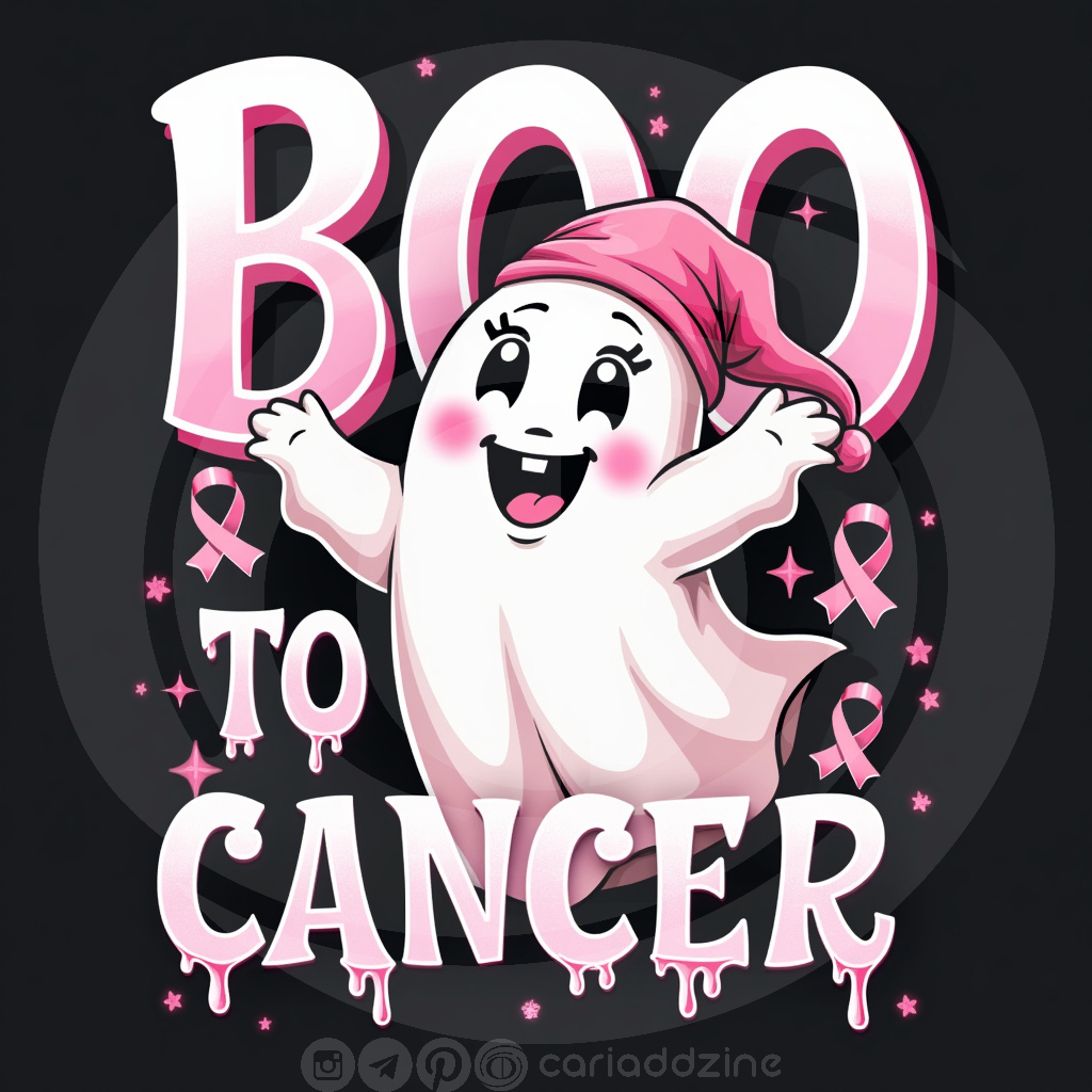 cartoon ghosts, Boo to Cancer, breast cancer awareness, playful art, Halloween designs, Cariad Dzine design, positive messaging, supportive artwork, festive spirit, community support