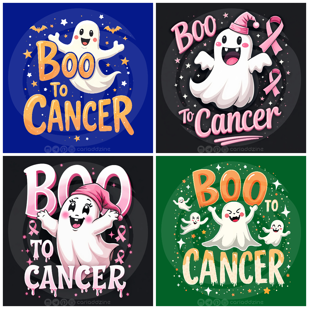 cartoon ghosts, Boo to Cancer, breast cancer awareness, playful art, Halloween designs, Cariad Dzine design, positive messaging, supportive artwork, festive spirit, community support