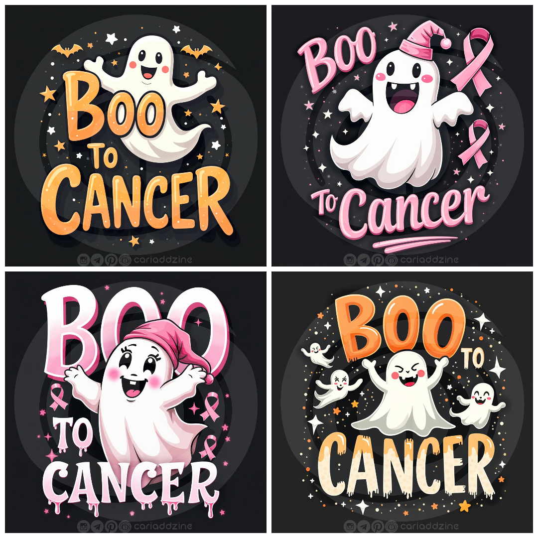 cartoon ghosts, Boo to Cancer, breast cancer awareness, playful art, Halloween designs, Cariad Dzine design, positive messaging, supportive artwork, festive spirit, community support