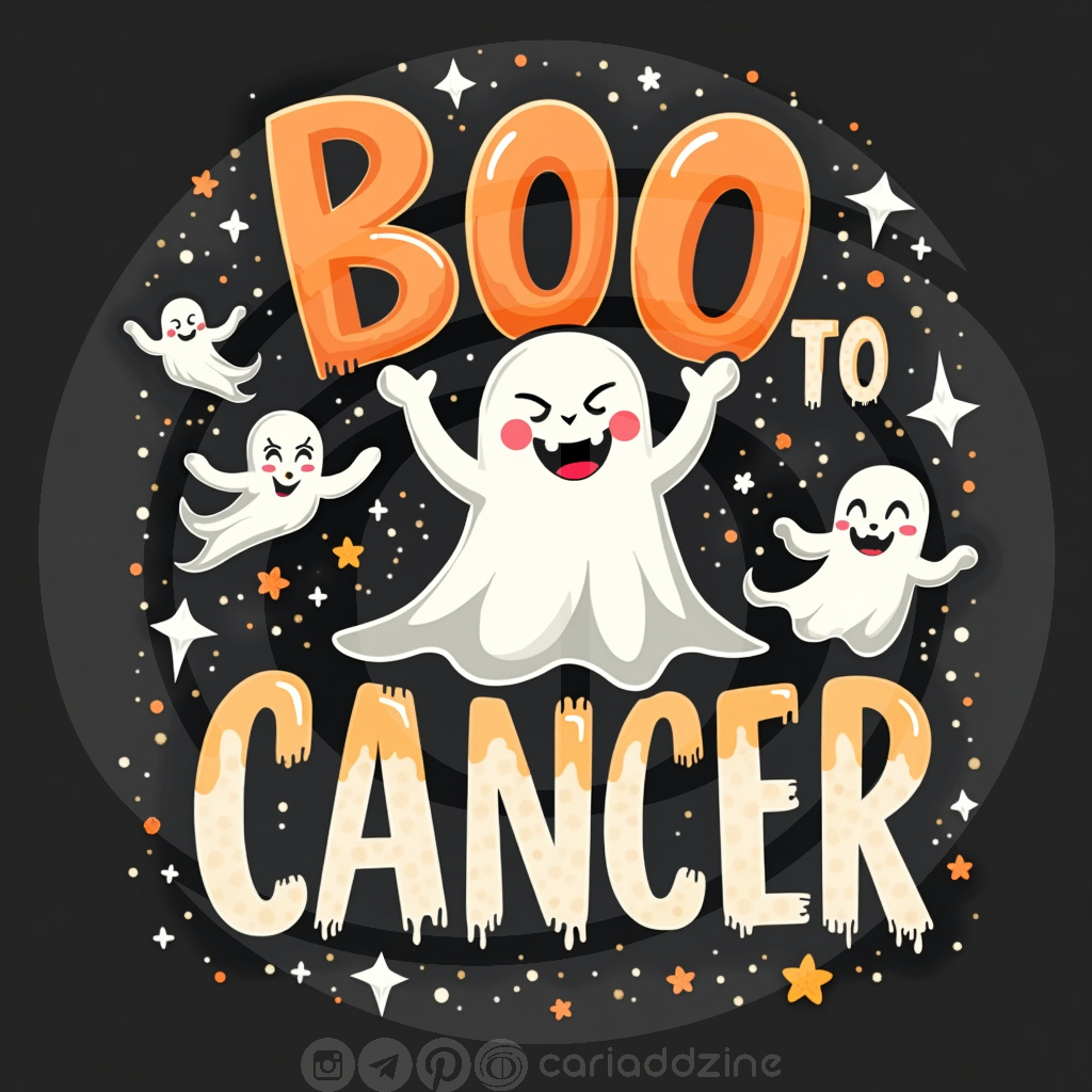 cartoon ghosts, Boo to Cancer, breast cancer awareness, playful art, Halloween designs, Cariad Dzine design, positive messaging, supportive artwork, festive spirit, community support