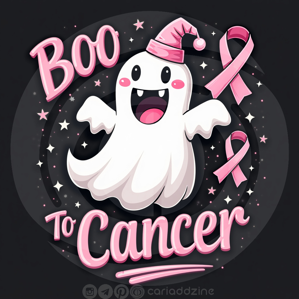 cartoon ghosts, Boo to Cancer, breast cancer awareness, playful art, Halloween designs, Cariad Dzine design, positive messaging, supportive artwork, festive spirit, community support