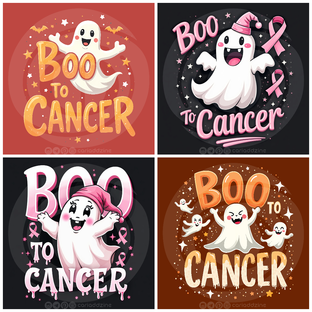 cartoon ghosts, Boo to Cancer, breast cancer awareness, playful art, Halloween designs, Cariad Dzine design, positive messaging, supportive artwork, festive spirit, community support