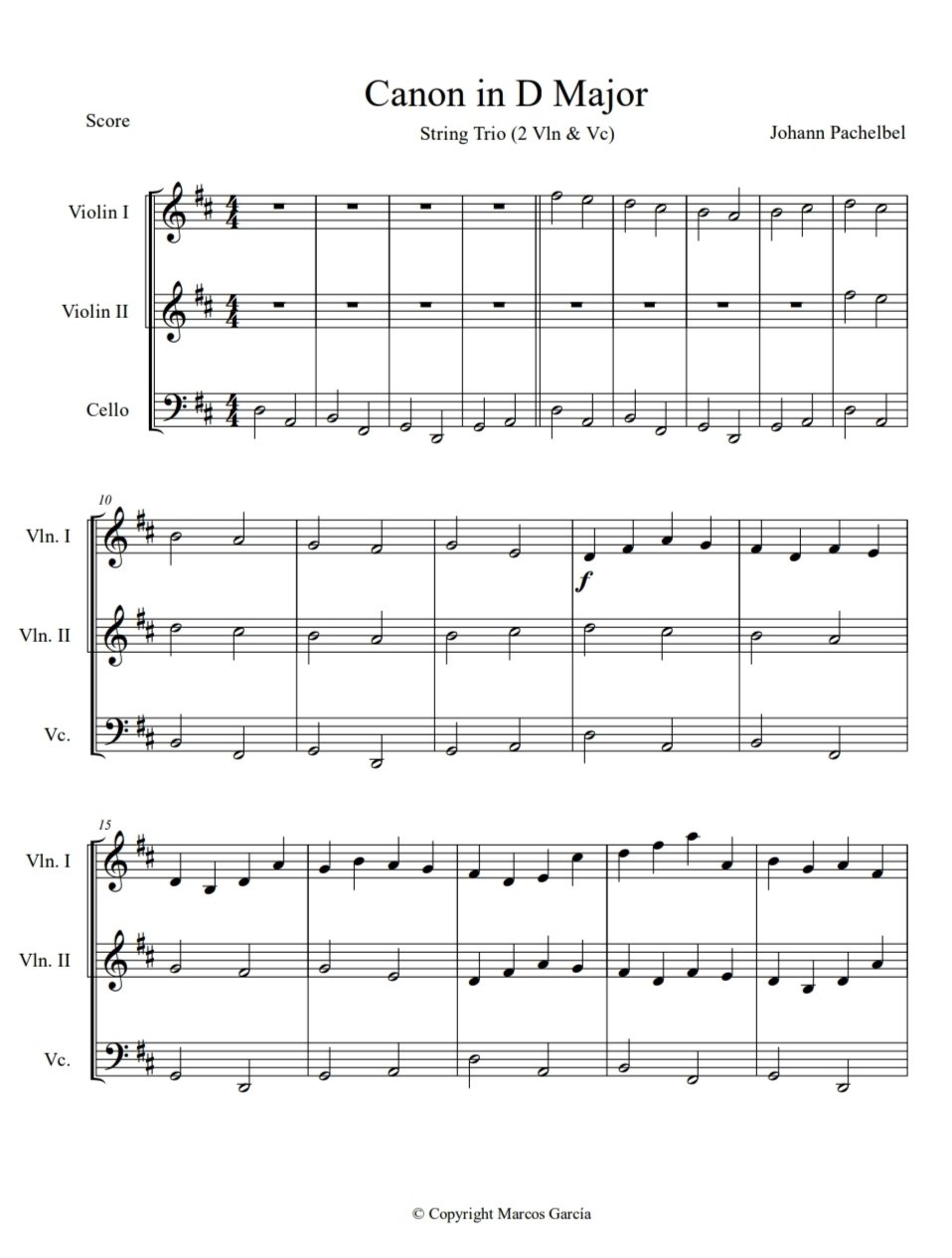 Portada de la partitura Canon en Re mayor de Johann Pachelbel para trío de cuerdas (2 violines y cello), con diseño clásico y elegante. Cover of Canon in D Major sheet music by Johann Pachelbel for string trio (2 violins and cello), with a classic and ele